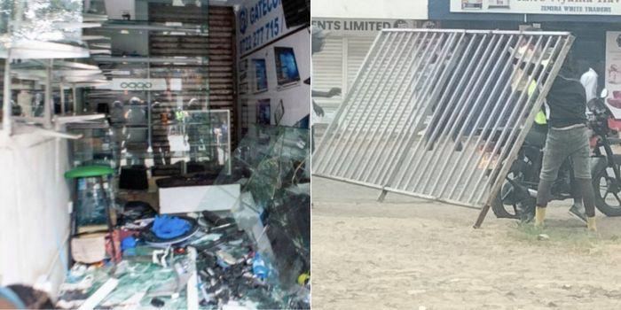 File image of looted shops in CBD (left) and individuals with a road barrier.